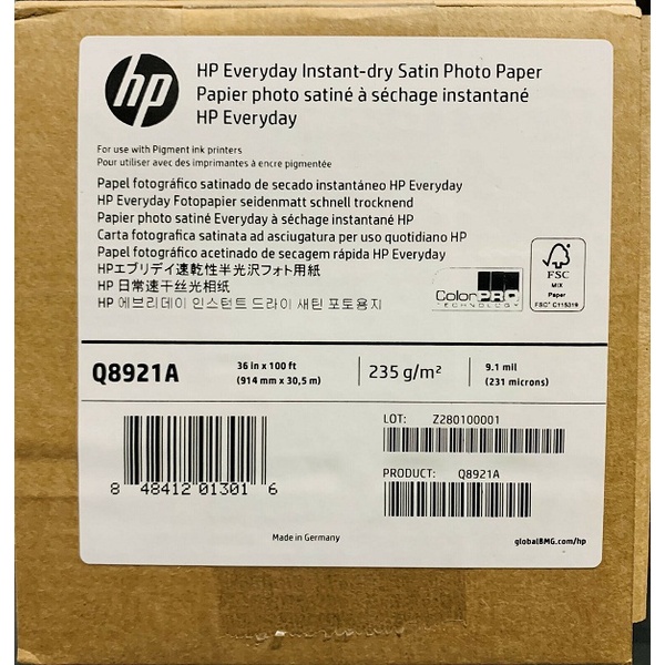 

HP Media Everyday Pigment Ink Satin Photo Paper 9.1mil 235g/m2 914mmx30.5m Q8921A