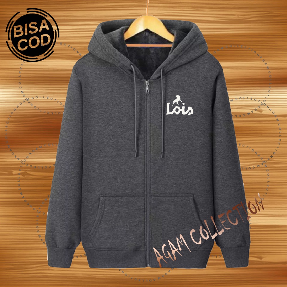 Agam collection Jaket Zipper Distro loiss Text Putih Premium Quality Jaket Hoodie Pria Wanita