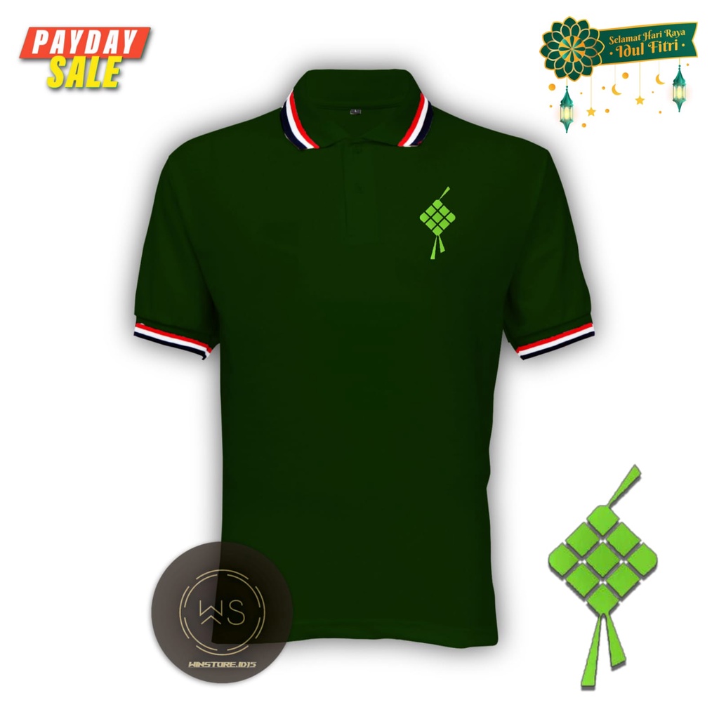 Kaos t-shirt polo 3 LIS Motif KETUPAT ( WARNA ARMY ) ( LEBARAN ) pria polos ukuran M , L , XL , XXL 