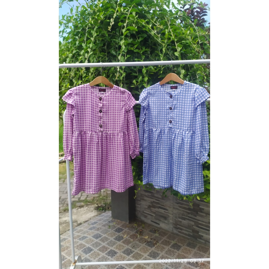 Tunik anak motif umur 1tahun - 7tahun bahan katun kotak kombinasi kancing 3 hidup dan tangan karet.