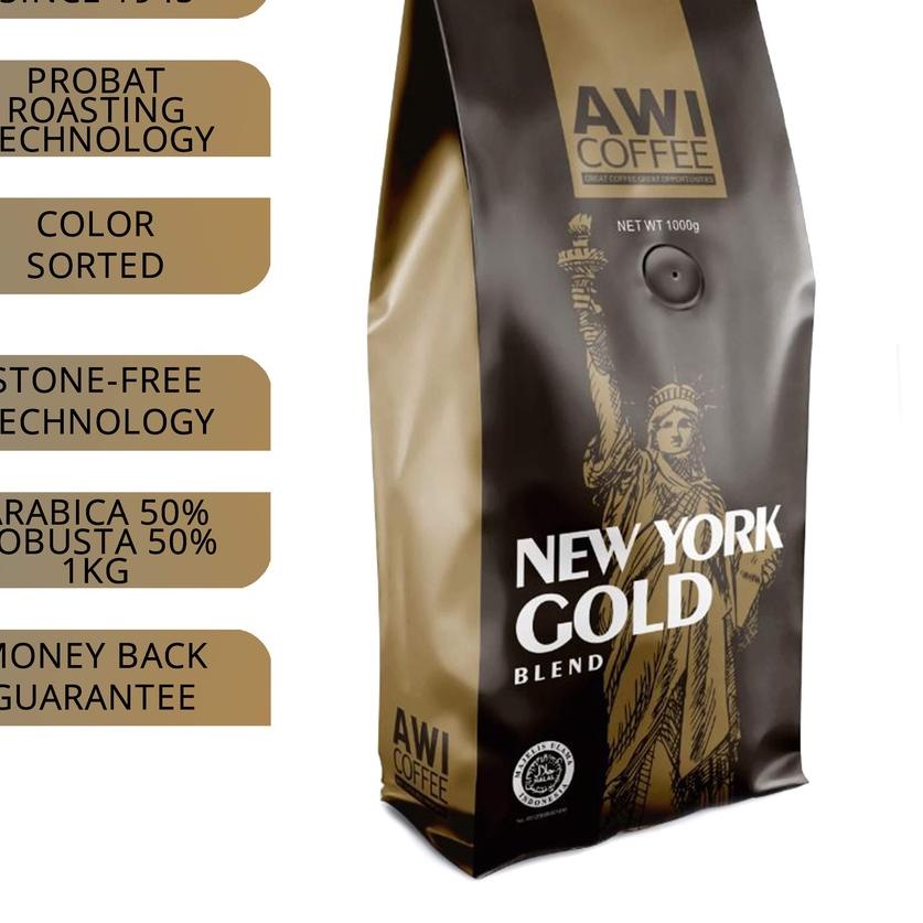 

➣ Awi Kopi New York Gold Blend 1 Kg Biji | Roasted Coffee Bean | Arabica Robusta Premium Cafe Blend ✼