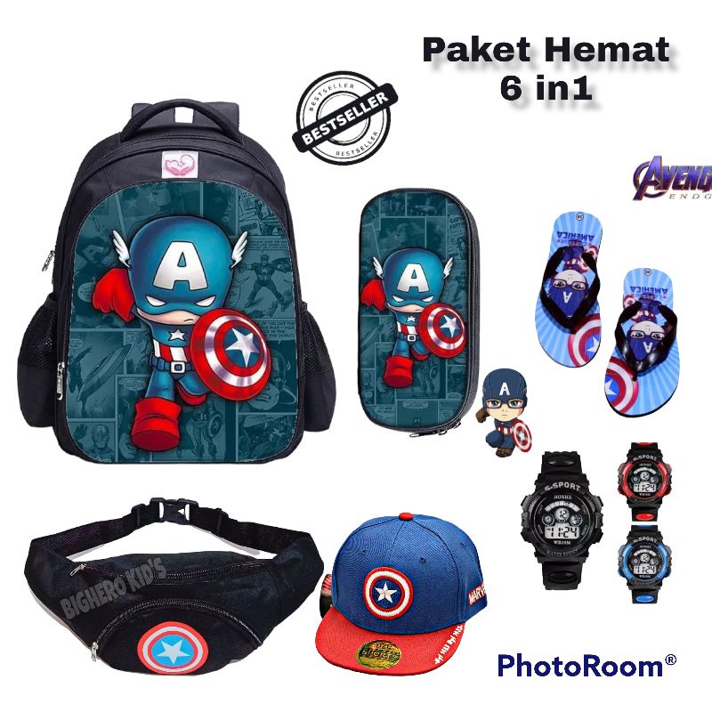 Tas ransel Paket 6IN1 Tas anak Laki-laki Sekolah TK SD Free Tempat Pensil Topi Bordir Tas Waistbag Jam Tangan Dan Sandal Spon