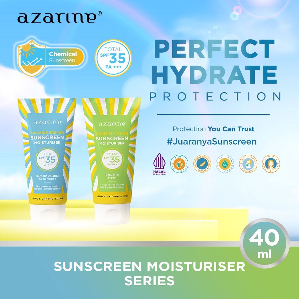 AZARINE Cicamide Barrier Sunscreen Moisturiser Centella Asiatica 5X Ceramide || Calm My Acne Sunscreen Moisturiser Bakuchiol Pionin SPF 35 PA+++ 40ml