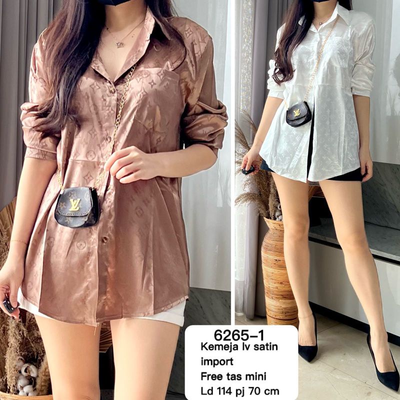 kemeja  satin import free tas mini 6265-1 jumbo HEM WANITA silk import