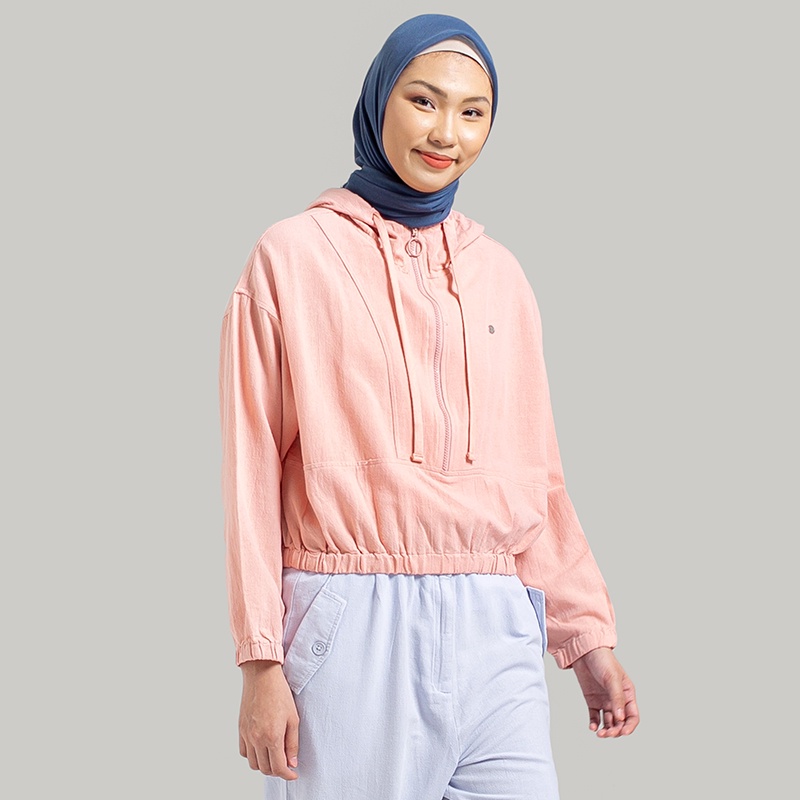 Greenlight Sweatshirt Hoodie Original LenganPendek Cotton Katun Half Zip Wanita Pink Mellow Rose 100