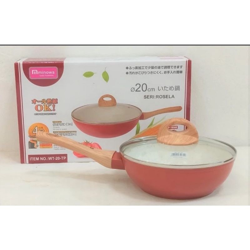 Wok Pan Marble TeflonWT-20-TP Monowa Putih Panci Wajan Keramik Gagang + Tutup Kaca 20cm