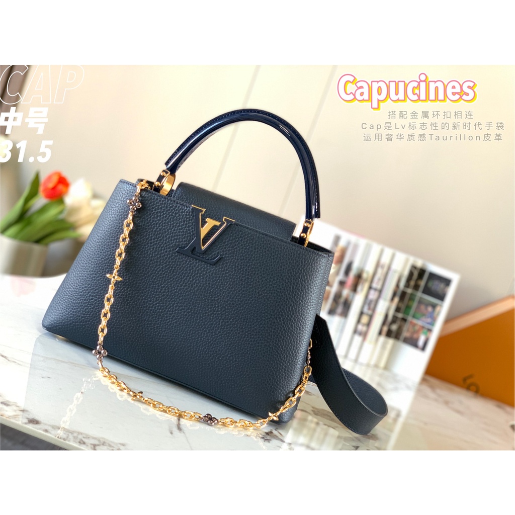LV CAPUCINES Medium Handbag is made of full-grain Taurillon cow leather, M59209 Royal Blue