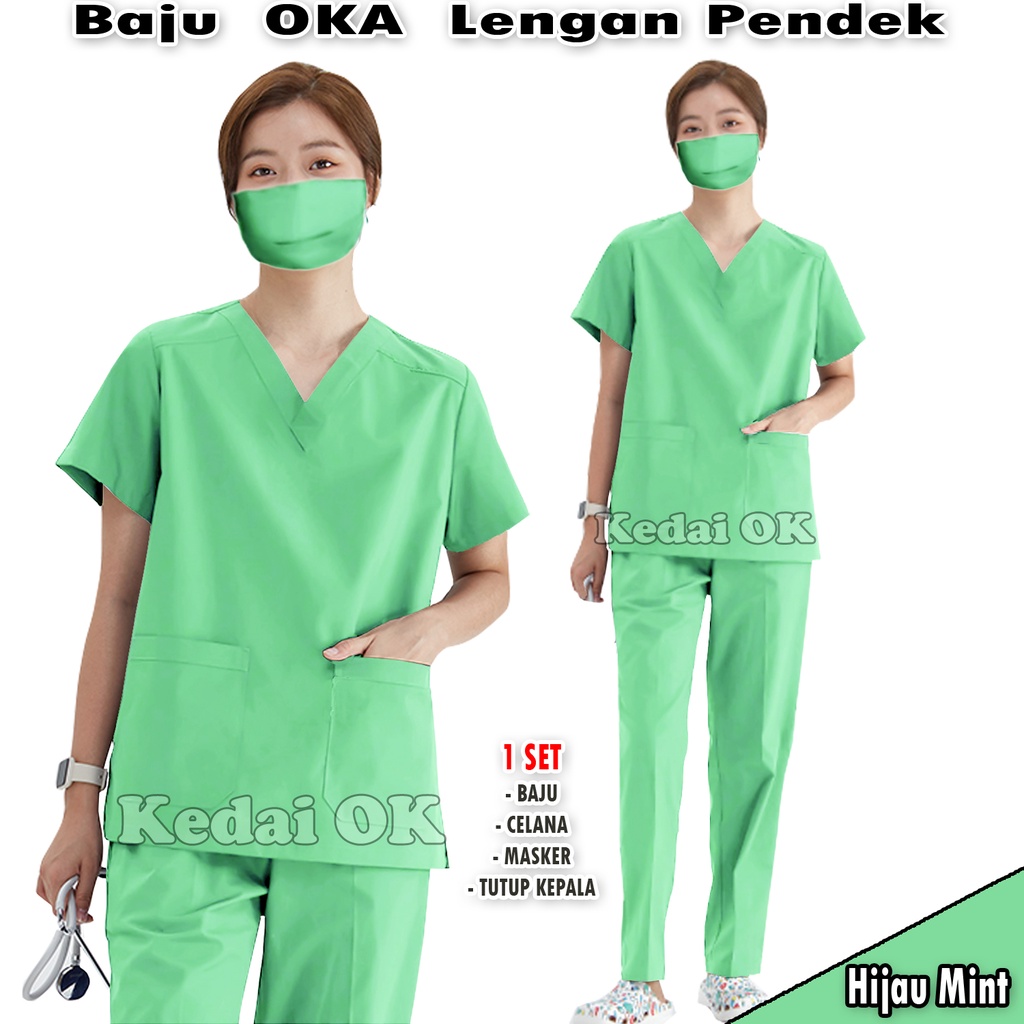 Jual Baju Oka - Seragam Ok Lengan Pendek - Baju Jaga Perawat - Scrub Oka Dokter Bidan - Baju Stenen - Bahan American Drill - Pria dan Wanita