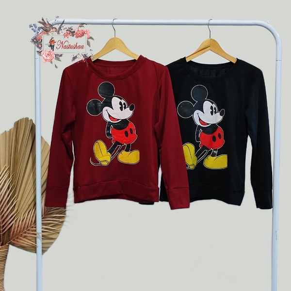 Crewneck Mickey Mouse Black Maroon Sweater wanita mickey mouse Bahan Babyterry Motif Sablon Classic Sweter Korean Style