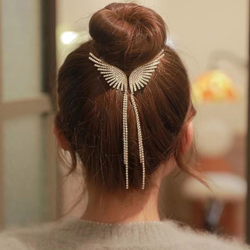 Sayap Malaikat Mutiara Berlian Imitasi Rumbai Kepala Bola Ponytail Gesper Versi Korea Classy Hair Clip