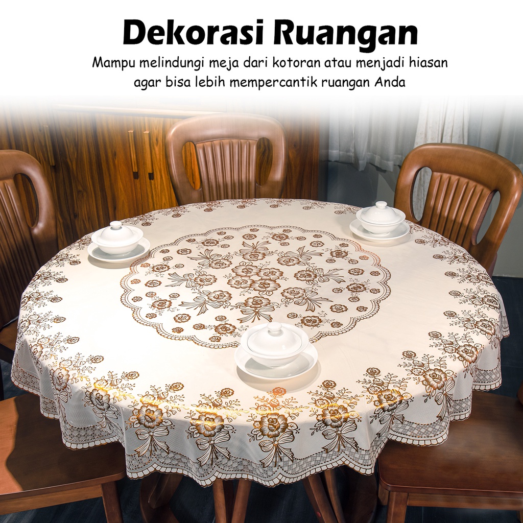 Taplak Meja Makan Bundar Motif Bunga Elegan &amp; Minimalis Ukuran 150cmx150cm Bahan PVC - D44-C