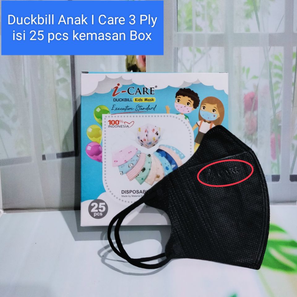 Masker Duckbill Anak Icare Hitam Putih isi 25 pcs