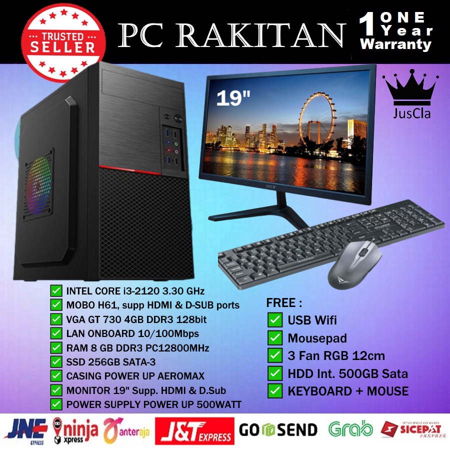 MONITOR 19&quot; + PC KOMPUTER CORE i3 2120 3,3GHz|DDR3 8GB|VGA GT730 4GB|SSD 256GB|HDD 500GB|KEY+MOUSE|USB WIFI