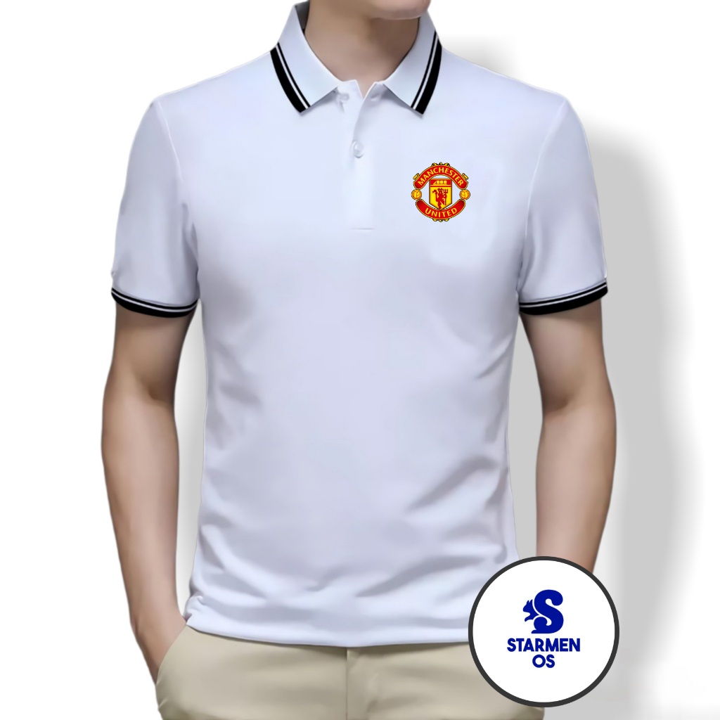 Kaos Polo Shirt Pria Kerah List Putih logo MENCHESTER UNITED