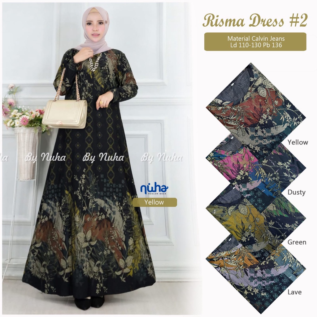 Gamis Jumbo LD130 Big Size Fashion Muslim Bahan Calvin Jeans Motif Batik Terbaru Risma2 By Nuha