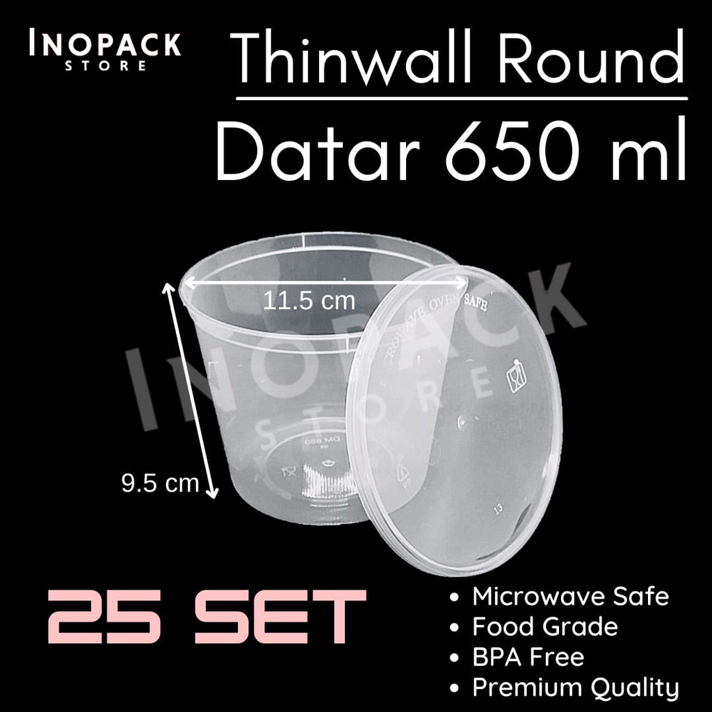 Mangkok bening plastik datar tahan panas untuk microwave 650ml + tutup