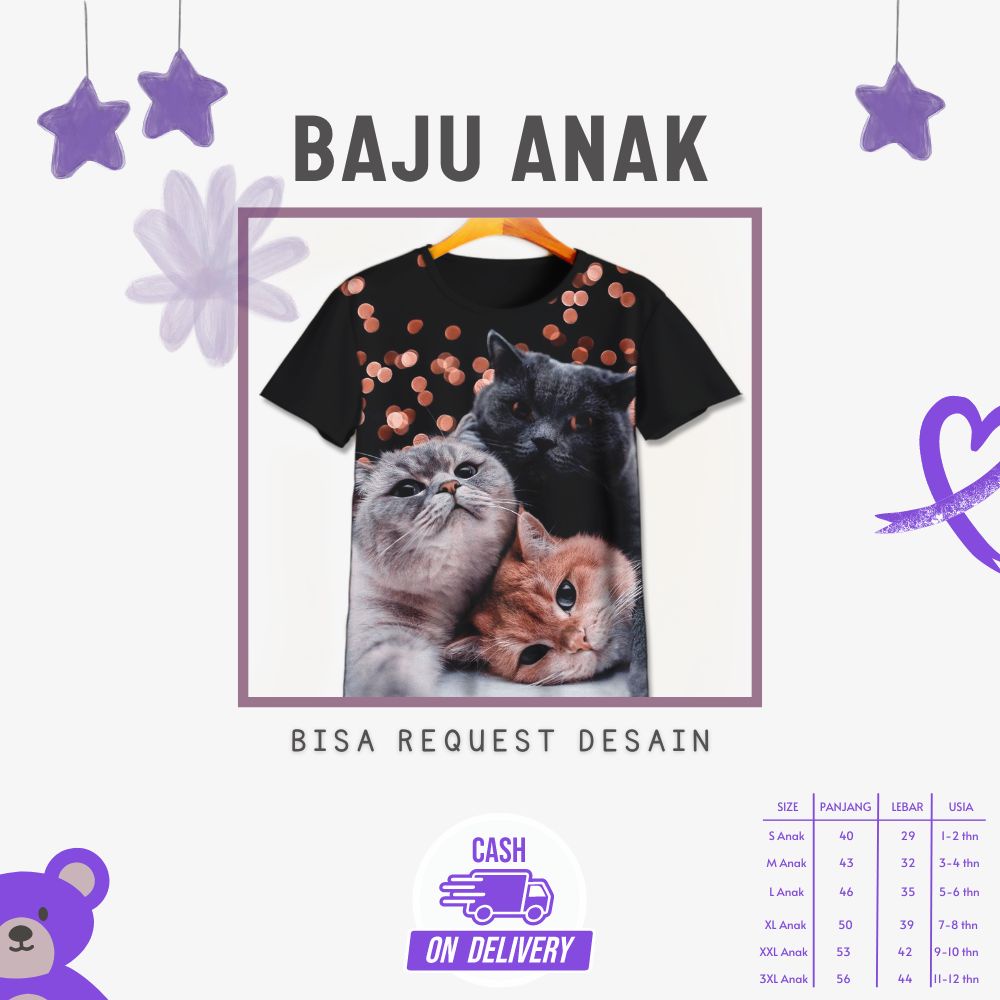 Kaos 3D Anak | Baju Printing | Kaos 3D - Baju Gambar Binatang / Hewan Kucing Lucu Cat Lovers V7 - Ka