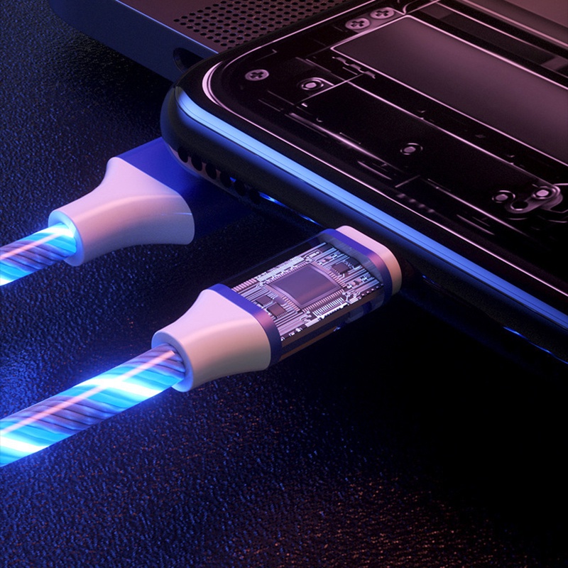Baru Tiba 2Meter 3in1 LED Flowing Light Kabel USB 1.2M Fast Charging Car Streamer Charging Cable Kabel Data Bercahaya LED Bercahaya 5A
