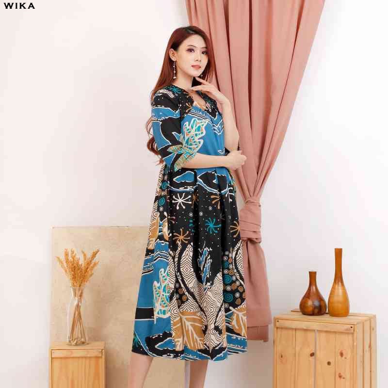 Evercloth Wika Dress Batik Lengan Panjang Wanita Dress Wanita Jumbo Batik Couple Dress Pita A-Line Gaun Batik Pastel Rok Mekar