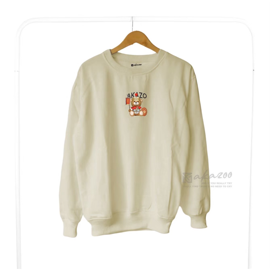 crewneck distro oversize pria Sablon AKAZOO BEAR Warna Cream crewneck kerah tinggi sweater oblong jumbo xxl crewneck krah akazoo.id