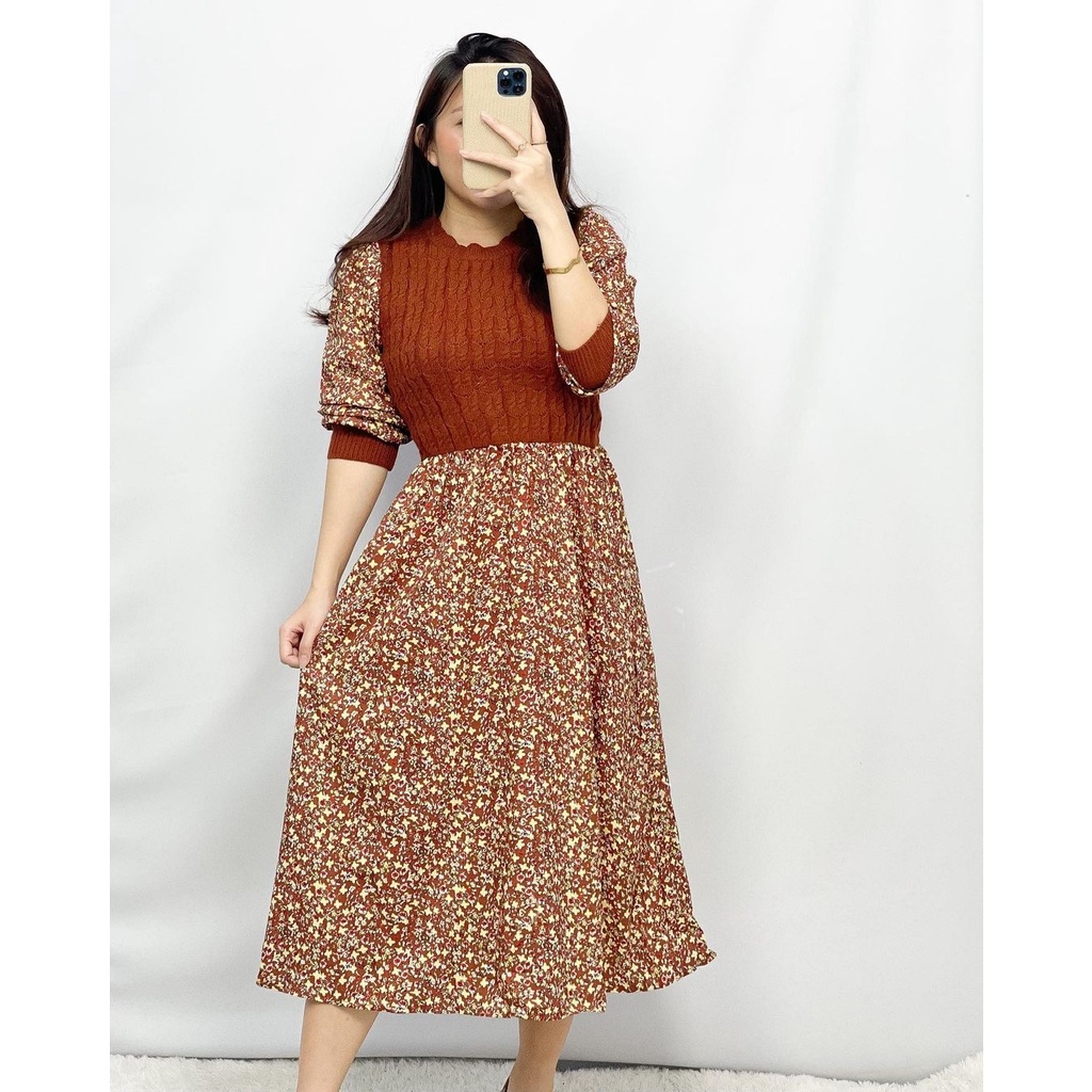Dress Phylicia Midi Dress Rajut Tebal Kombinasi Korean Style Lengan Panjang