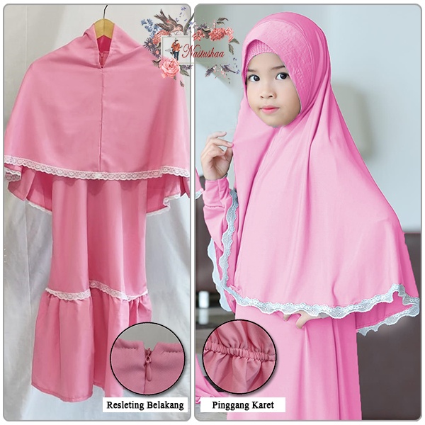 Setelan gamis syari anak perempuan Polos / Baju muslim Anak Perempuan 7 tahun sampai 9 tahun Bahan Wollycrepe Variasi Renda Include Bergo