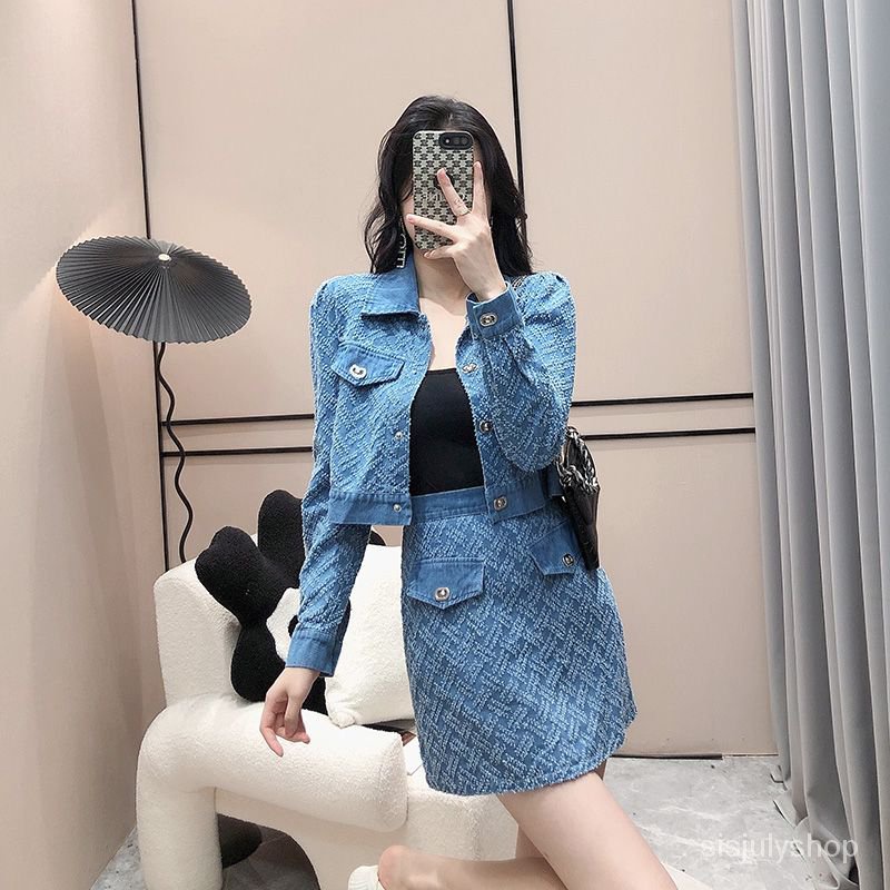 [✅BISA COD] #Sisjuly# Setelan busana denim wanita atasan jaket pendek berdada tunggal + rok pendek s