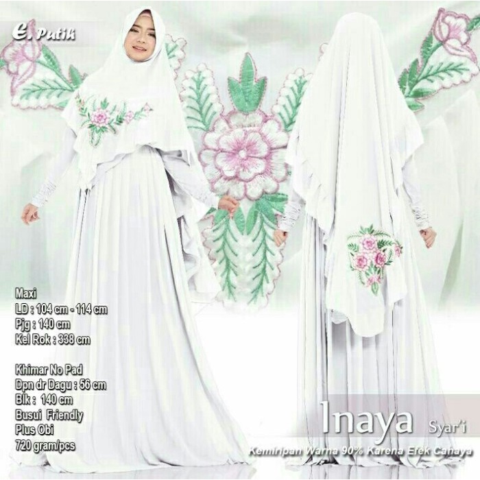 Baju Busana Muslim Wanita / Gamis Ceruty Inaya Syari Set White Premium P3Z7