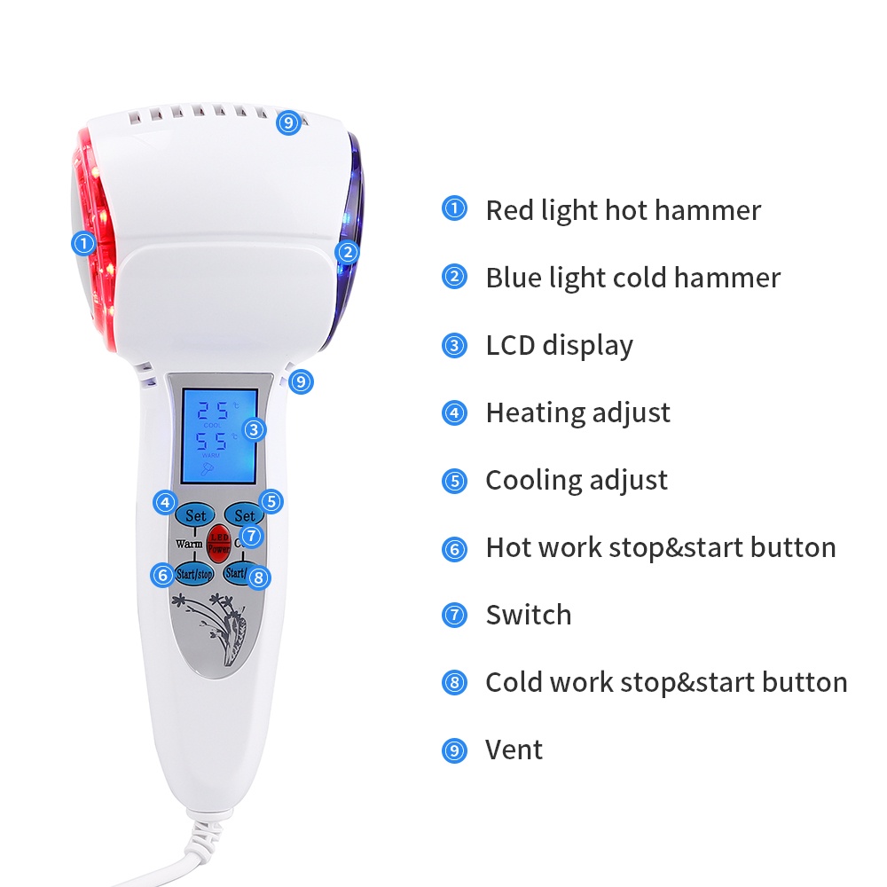 Cold &amp;Hot Hammer Palu Setrika Wajah Panas Dan Dingin Dengan Layar Lcd Kontrol Panas Dan Dingin 1-3 Hari Cahaya Biru PDT Light Ice Cooling Hammer Alat Facial Portable Mengecilkan Pori-pori Menenangkan Kulit