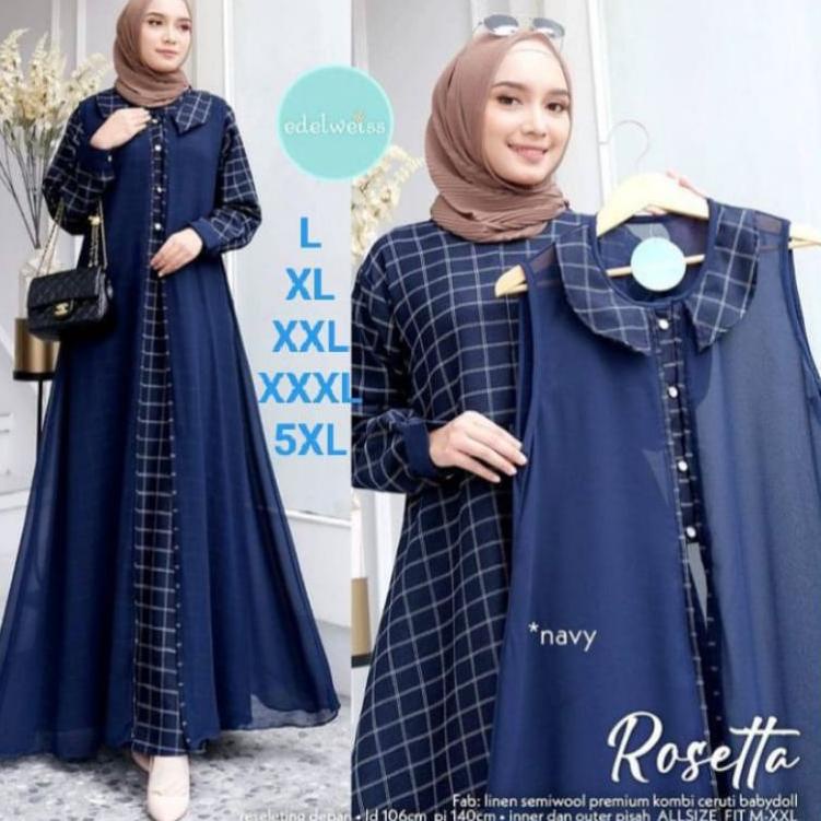 ☛ gamis jumbo 2 in 1 set outer ukuran L XL XXL 3XL 5L Ld   140 gamis set outer Rosetta motif kotak k