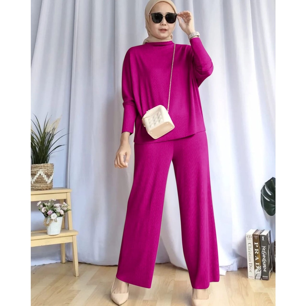 SET ELIVIA FASHION PAKAIAN WANITA SETELAN ATASAN DAN CELANA BAHAN RIB KNIT / RAJUT MR ADA VIDEO REAL PRODUK