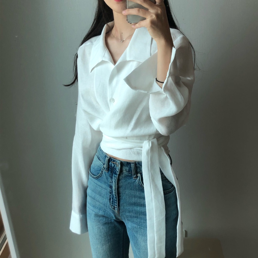 Korean Style Crop Wrap Top Wanita Blouse Kemeja Solid Lengan Panjang Wanita