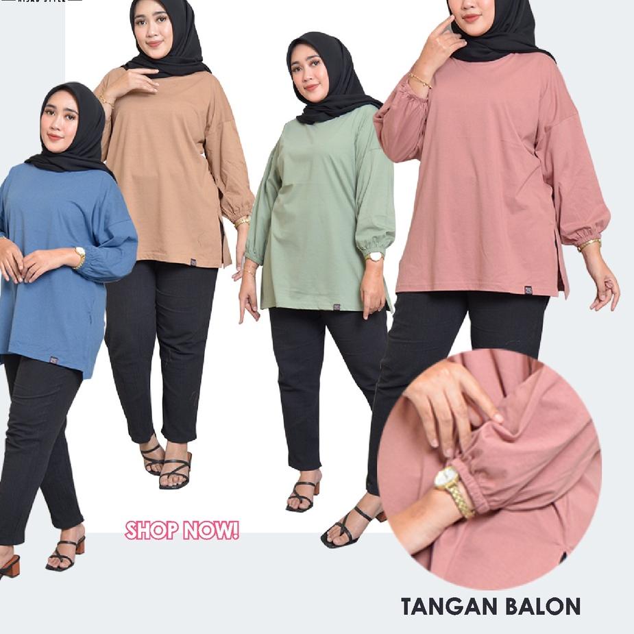 Stok terbatas!.. Top Deloza Oversized Tangan Balon Blouse Kaos Polos Wanita Jumbo