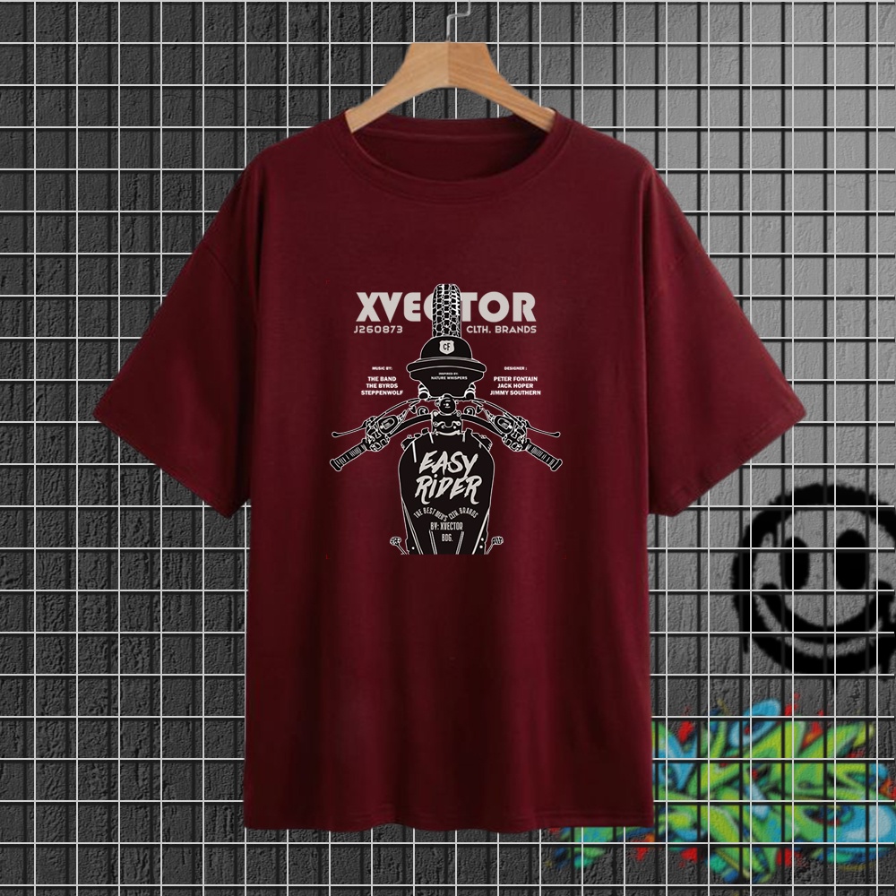 VALECTOR Kaos Pria Distro Katun Combed 30s Print Motor EASY RIDER Shirt Terbaru 2023 Hitam Abu Navy Marun Hijau