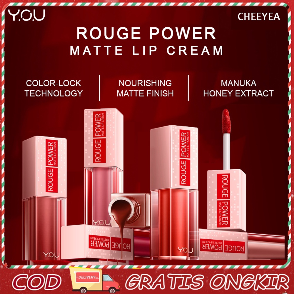 YOU Rouge Power Matte Lip Cream Lipstik | Matte Finish | Tahan Lama | Nourishing with Manuka Honey |
