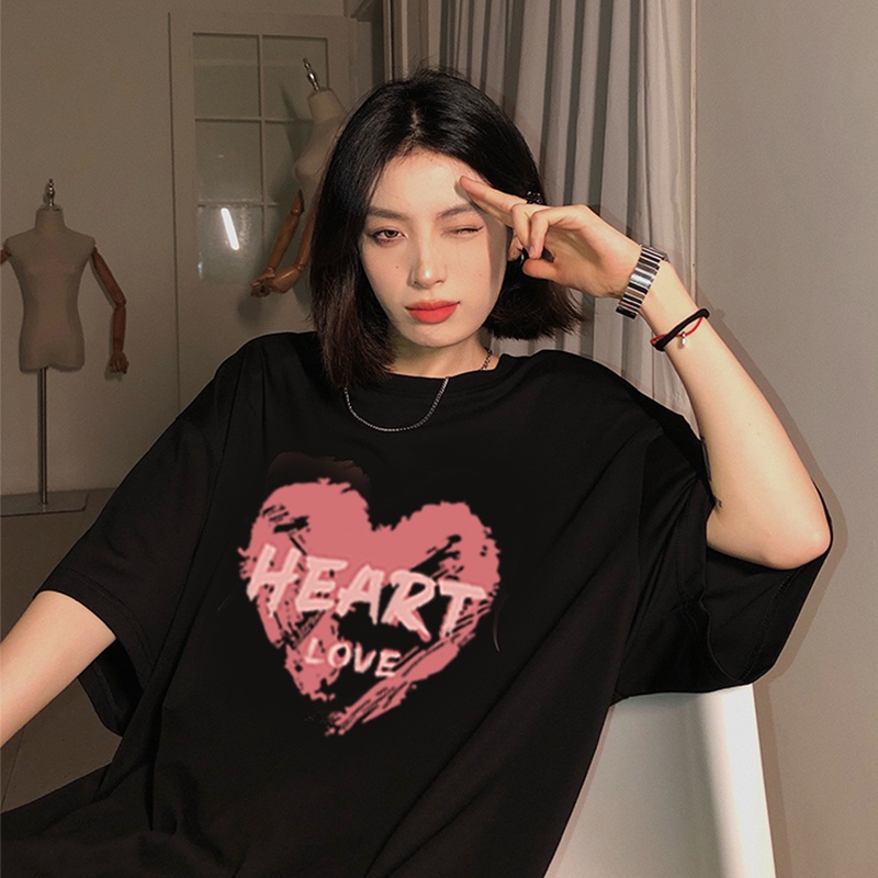 kaos wanita korean style heart graphic print t-shirt oversize lengan pendek import kaos hitam