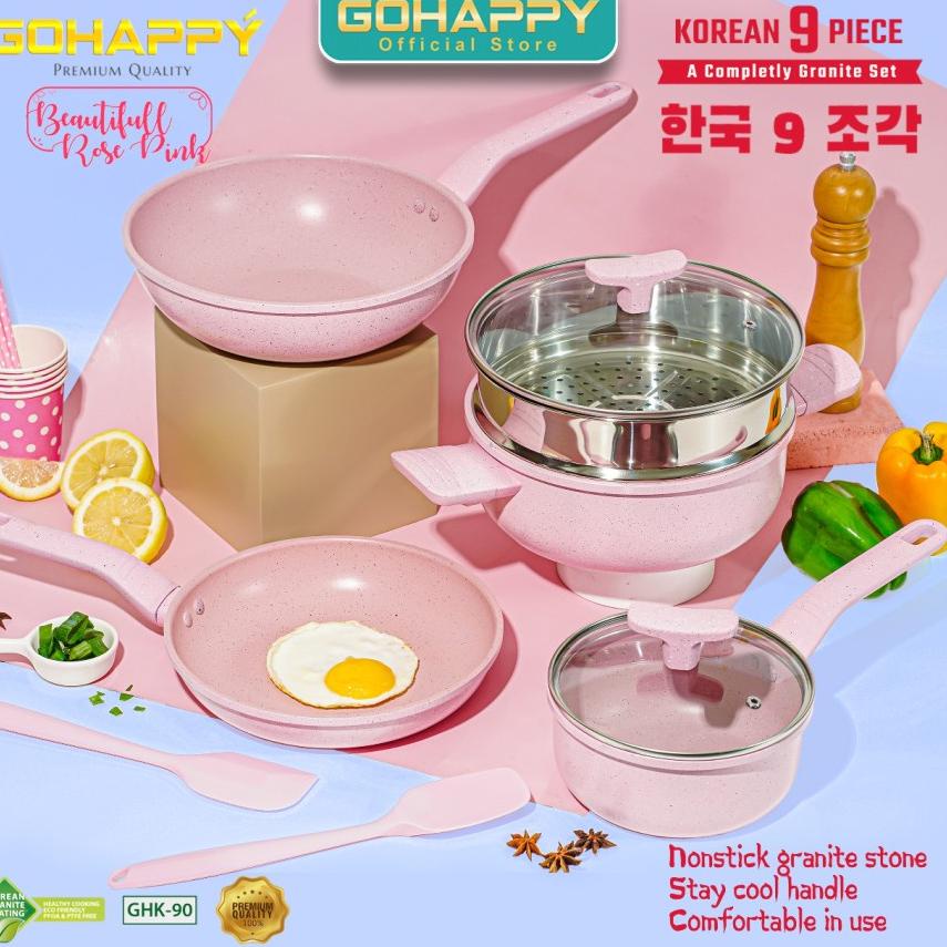 CHEKOUT PANCI SET  MARBLE gohappy korean set 9 swiss Terdiri dari  9pc Wok steamer fry pan milkpan a