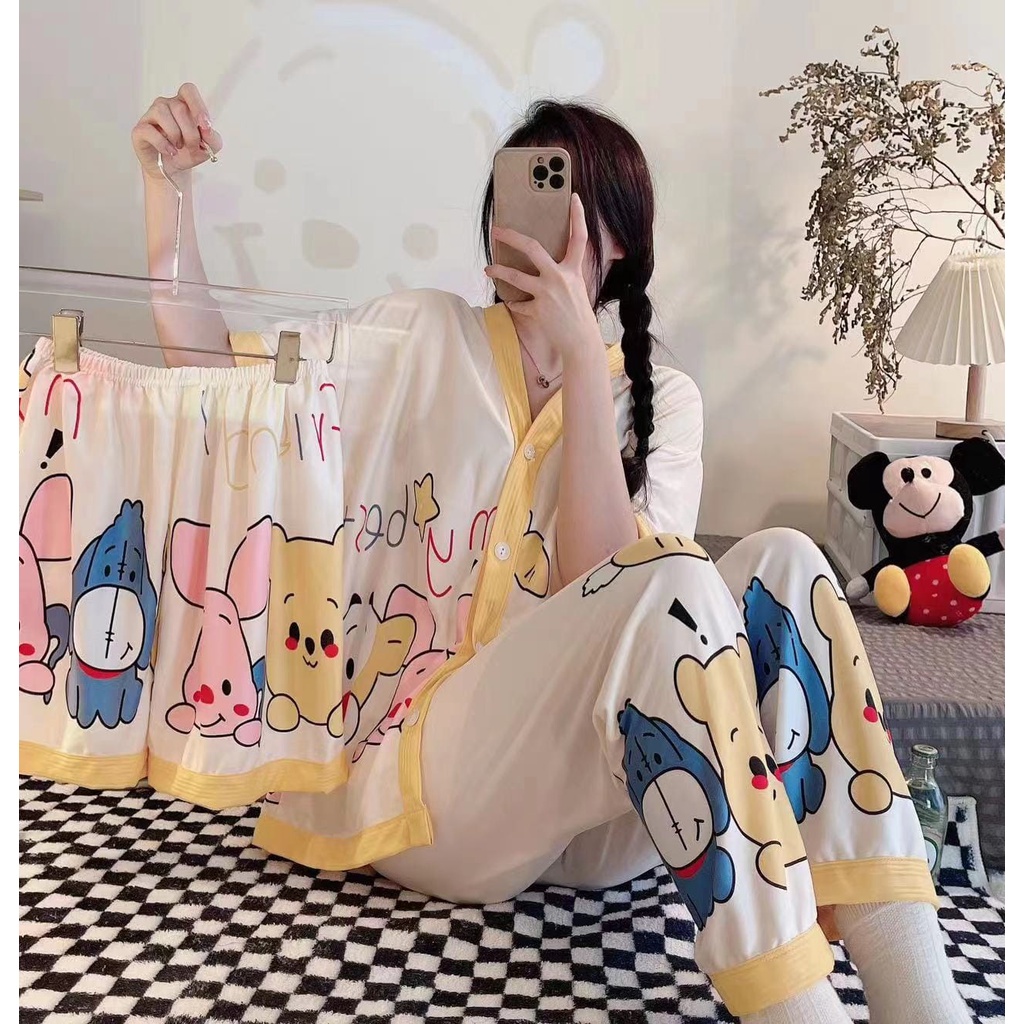 Baju tidur piyama lengan pendek celana panjang model korea bahan spandek import 3in1