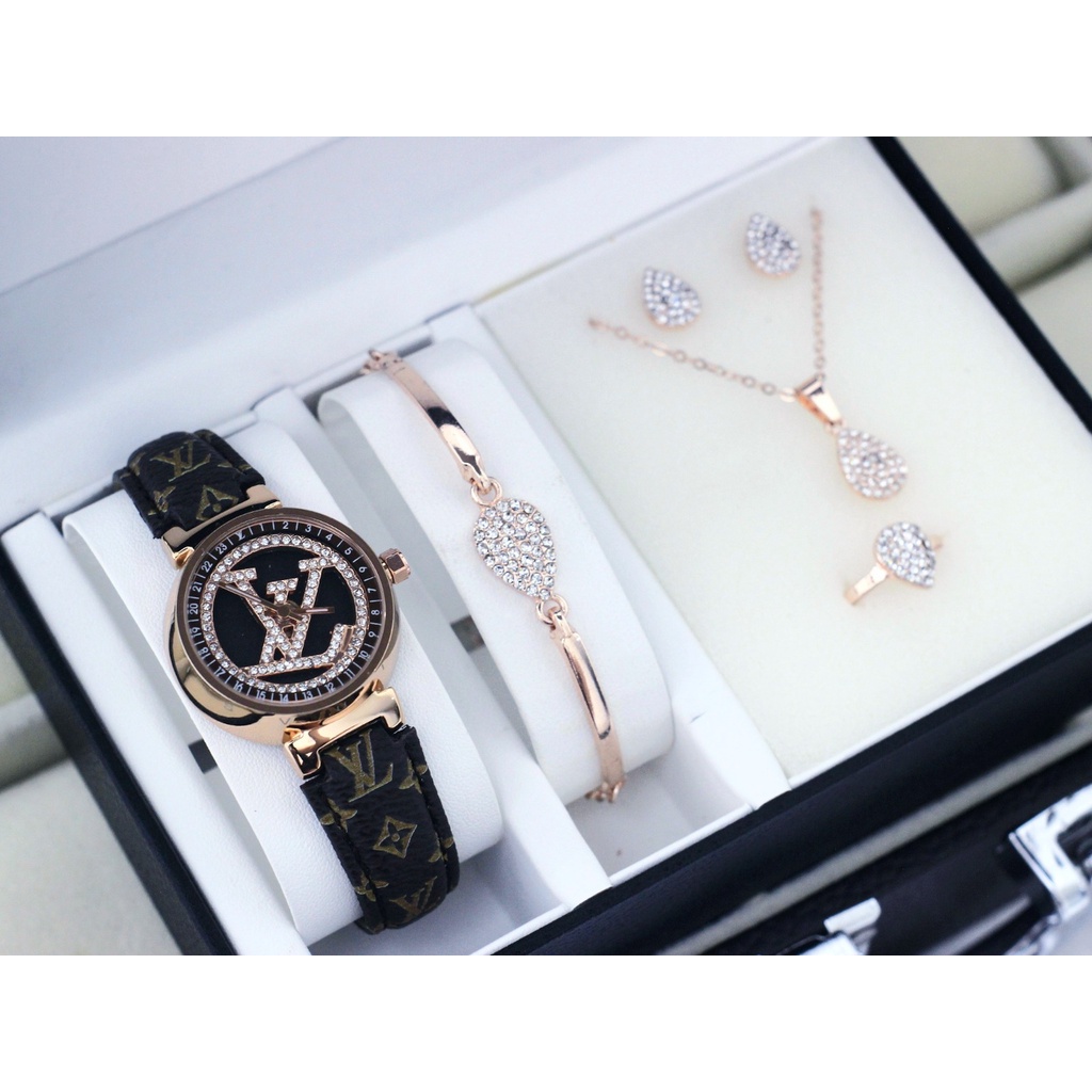 Paket + Gelang + Kalung + Cincin + Anting Jam Tangan Wanita Kulit Spin Roll LV-12150K