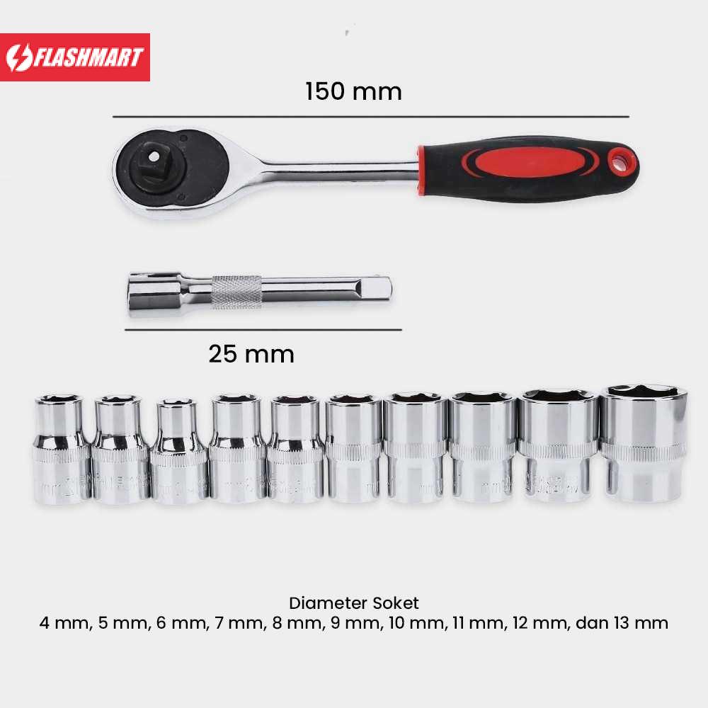 Flashmart Kunci Pas CR-V Drive Socket Wrench Set 1/4 Handle 12 PCS