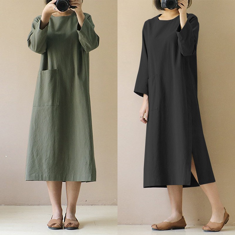 2023 ZANZEA Linen Gaun Midi Wanita Musim Gugur Sudress Lengan Panjang Kasual Split Tunik Vestidos Pe