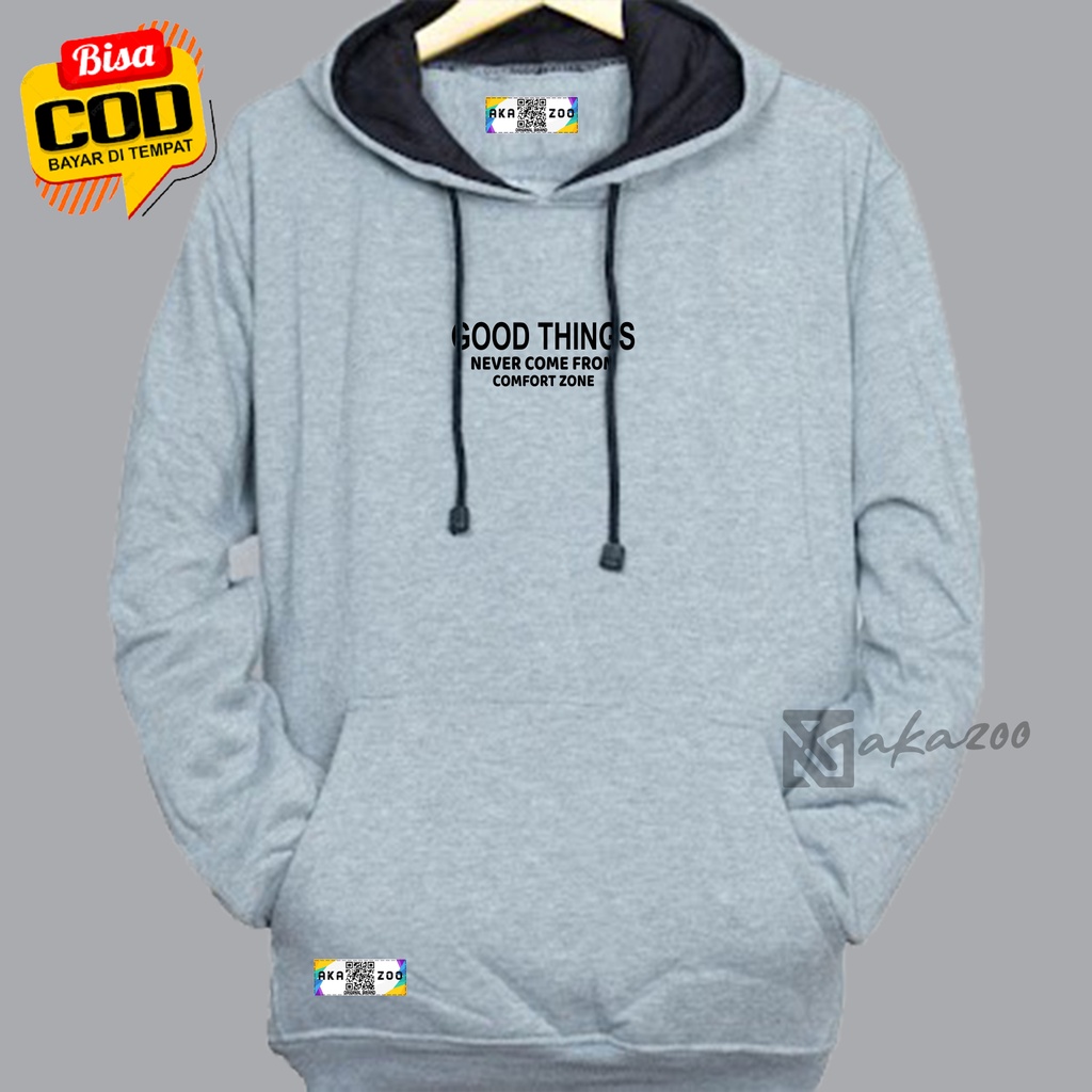 SWITER pria switer cowok AKAZOO warna  abu muda good things never come from comfort zones tulisan hitam unisex m l xl xxl premium hoodie pria distro original brand tebal sweater oversize polos original pria wanita hooodie polos tebal ori akazoo ofisial