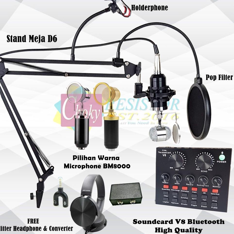 ReadyPaket Microphone BM8000 Full Set Plus Soundcard V8s + Holderphone + Converter Gitar FREE Headphone✄
