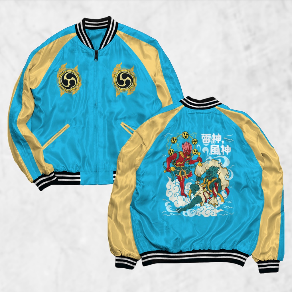 PIYAMAKUMU Jaket Sukajan RAIJIN Pria Wanita Distro Unisex Japan Premium Original BIRU GOLD