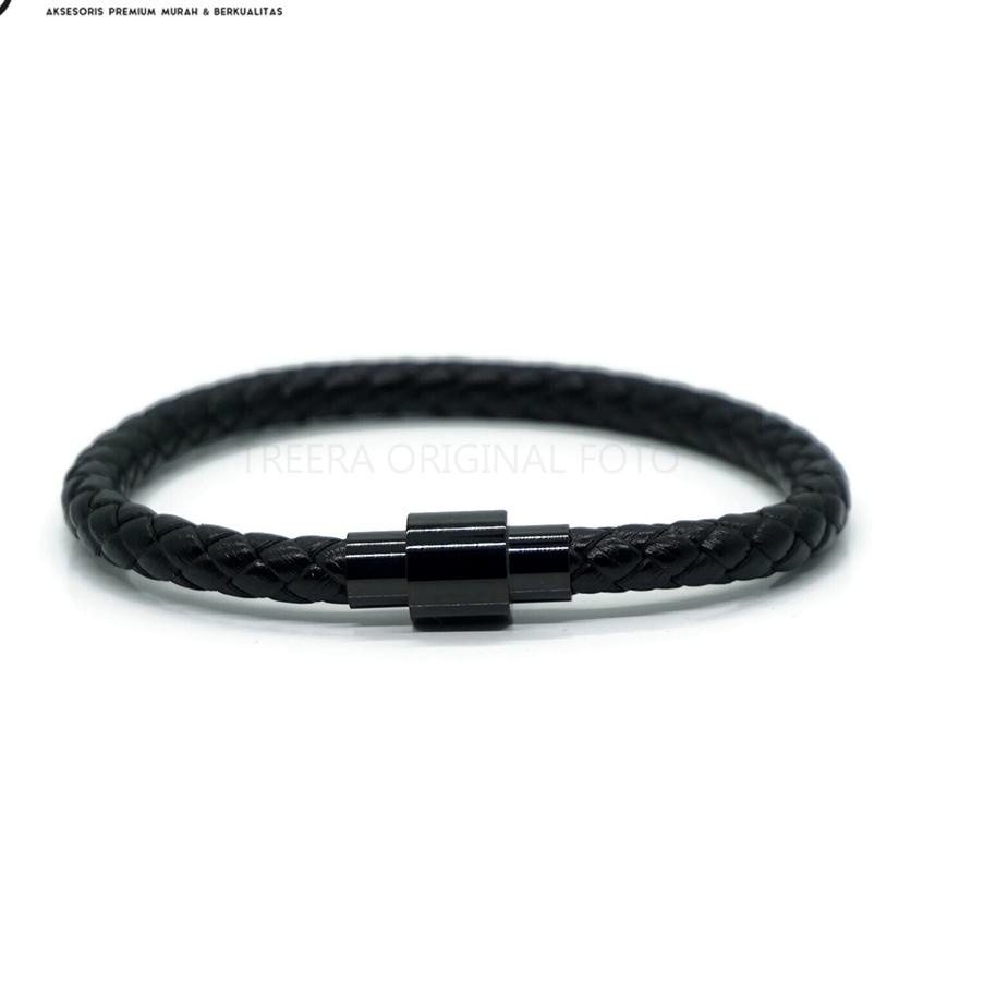 ✮ Treera - Gelang Kulit Pria Hitam Magnetic Lock Emas Hitam Original ❈