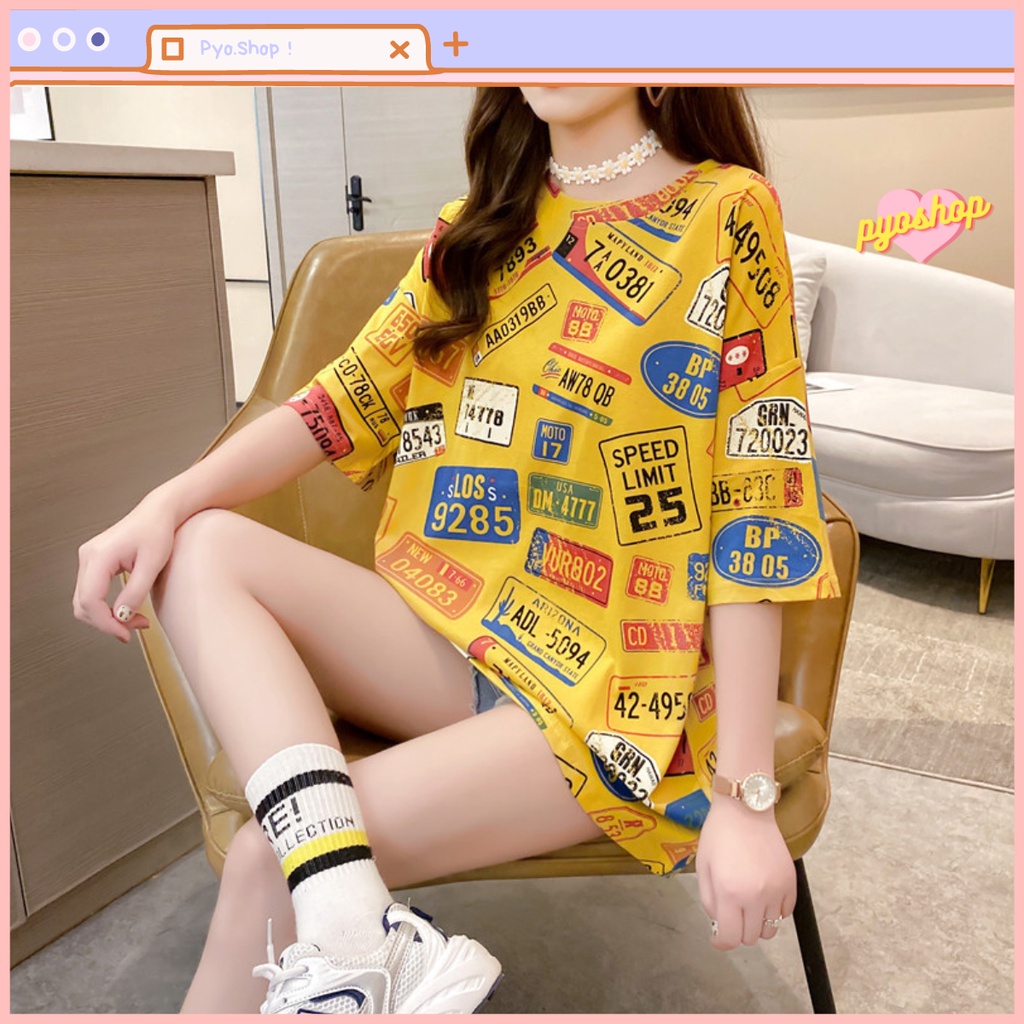 Kaos Oversize Longgar Wanita Motif Plat Nomor