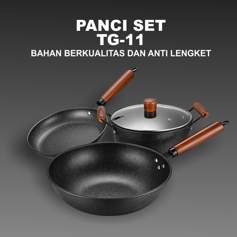 PROMO Panci set Free pisau teflon lengkap tebal anti lengket cookware panci kayu kuat tahan api wajan Best quality-TERMURAH