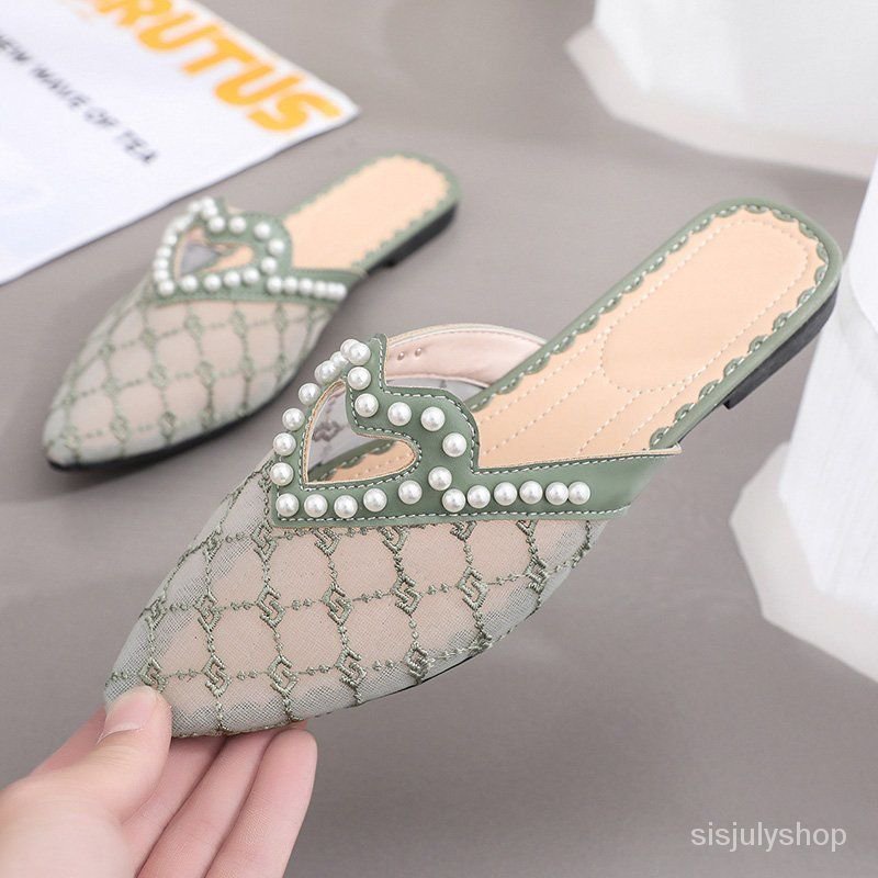 [✅BISA COD] #Sisjuly# Sandal wanita jala bernapas sepatu datar seratus mutiara runcing paket kepala