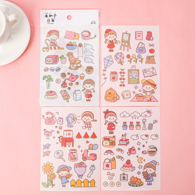 OVERFLOWS.ID 4 LEMBAR STIKER KARTUN BUNGA LUCU UNTUK DEKORASI ALBUM FOTO STICKER SCRAPBOOK NOTEBOOK DIY