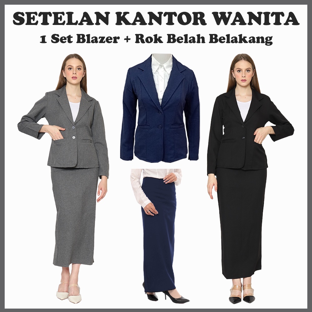 Setelan Formal Wanita, Blazer Rok Set Wanita, Satu Set Blezer Panjang Rok BELAH BELAKANG Hitam dan A
